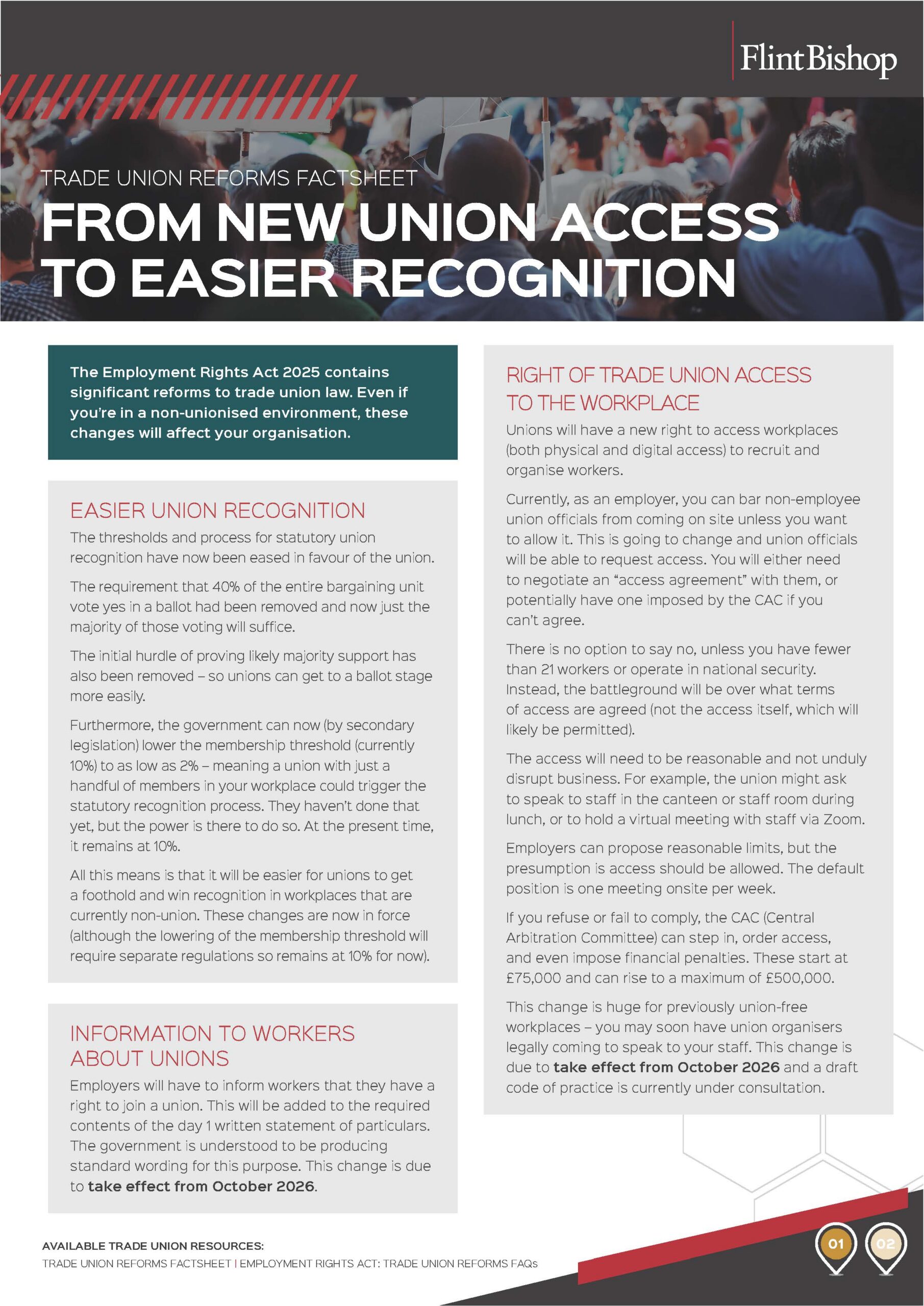 Cover of Flint Bishop’s Trade Union Reforms Resource Pack outlining key Employment Rights Act changes for employers.