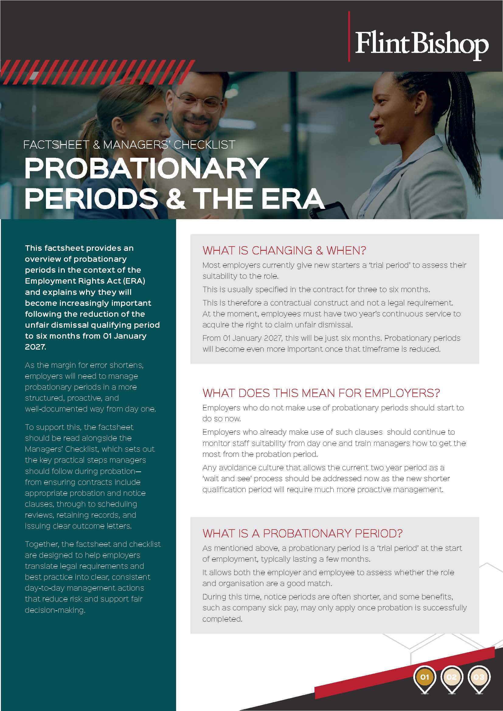Cover of Flint Bishop's Probationary Periods and the Employment Rights Act factsheet and managers' checklist.